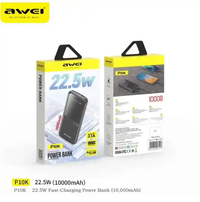 AWEI P10K 10000mAh 22.5W Fast Charging Dual Output Ports Digital Display Power Bank